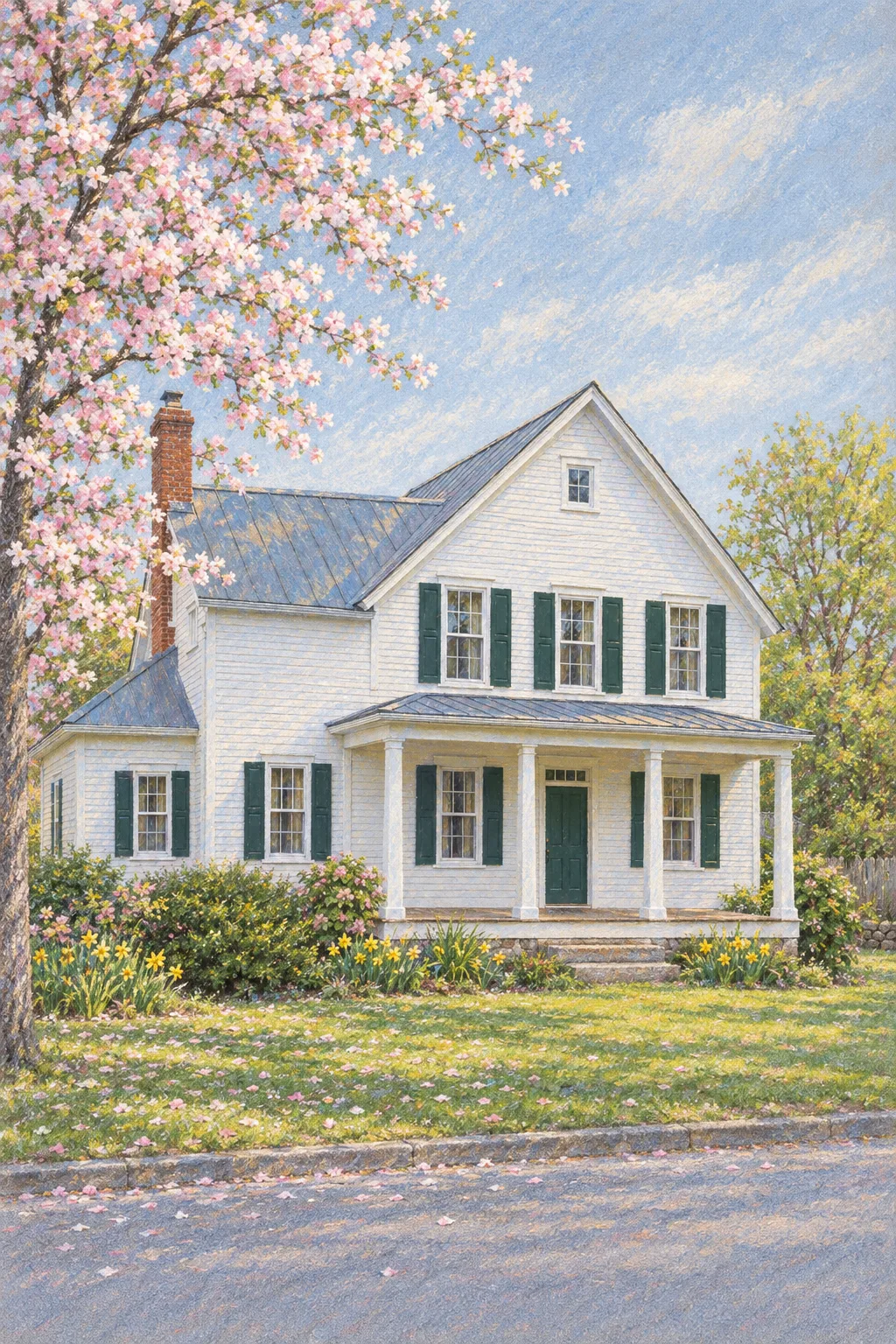 The Farmhouse, a test house, painted as Blossom Morning: Soft pastel on blue-grey paper, cherry blossom, early light