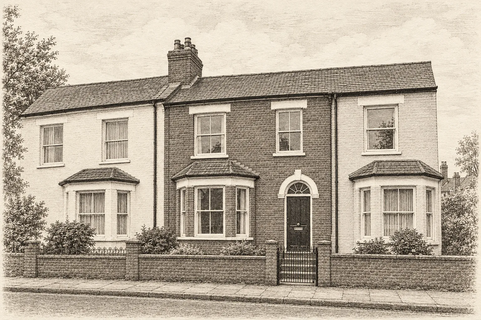 The Terrace, a test house, painted as the Copperplate Etching wide: Your house in an etched view