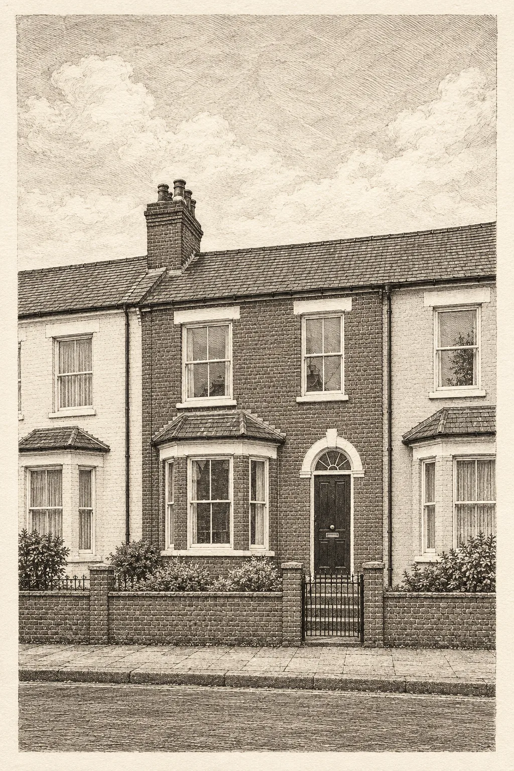 The Terrace, a test house, painted as Copperplate Etching: Bitten line, drypoint burr, plate tone, wiped highlights