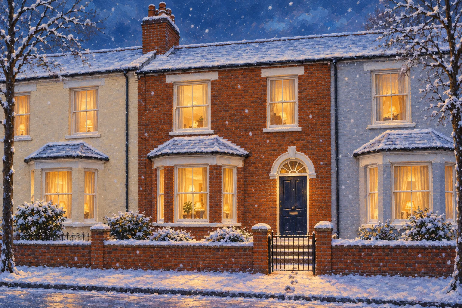 The Terrace, a test house, painted as the First Snow at Dusk wide: Your house on the first snowy evening
