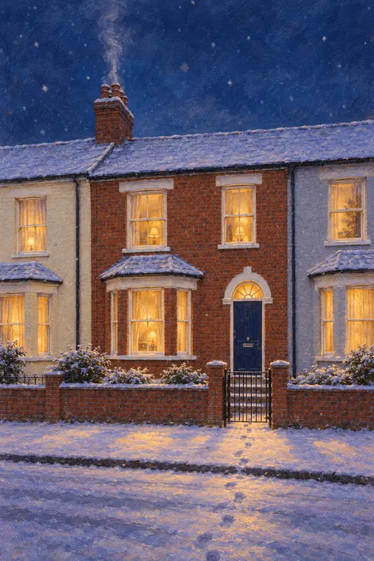 A red-brick Victorian terrace painted at dusk under the first snow, every window lit amber