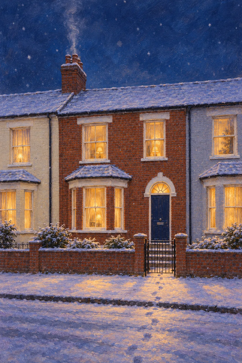The Terrace, a test house, painted as First Snow at Dusk: Oil nocturne, blue dusk, lamplit windows, falling snow