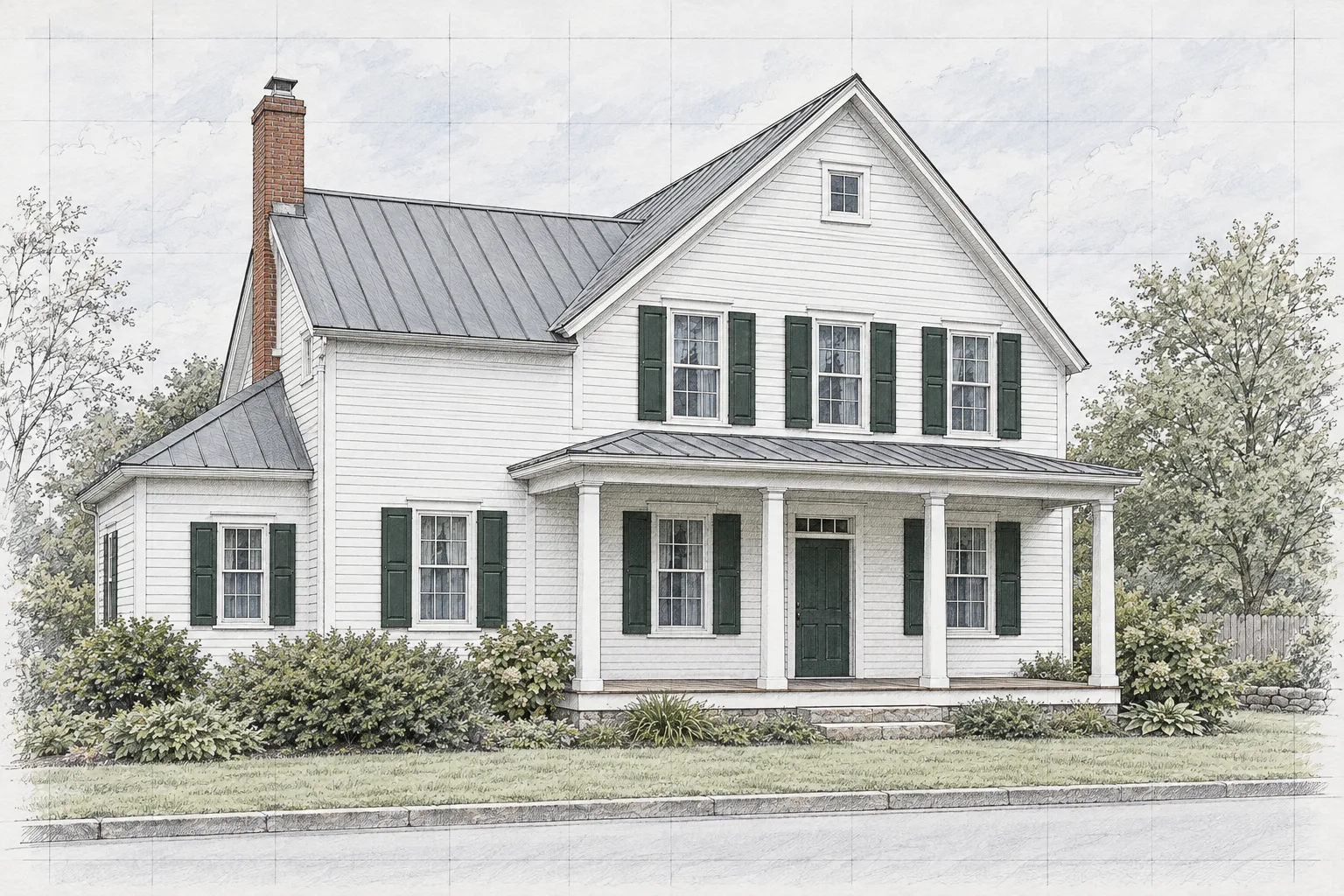 The Farmhouse, a test house, painted as the Ink Elevation wide: Your house on the drawing board