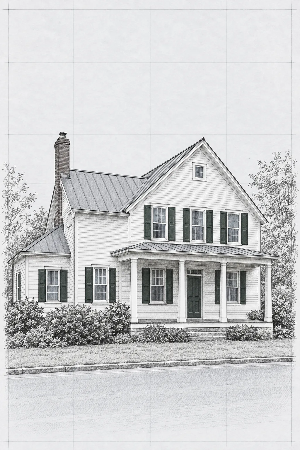 The Farmhouse, a test house, painted as Ink Elevation: Technical pen on drafting film, hatching, ruled ground line