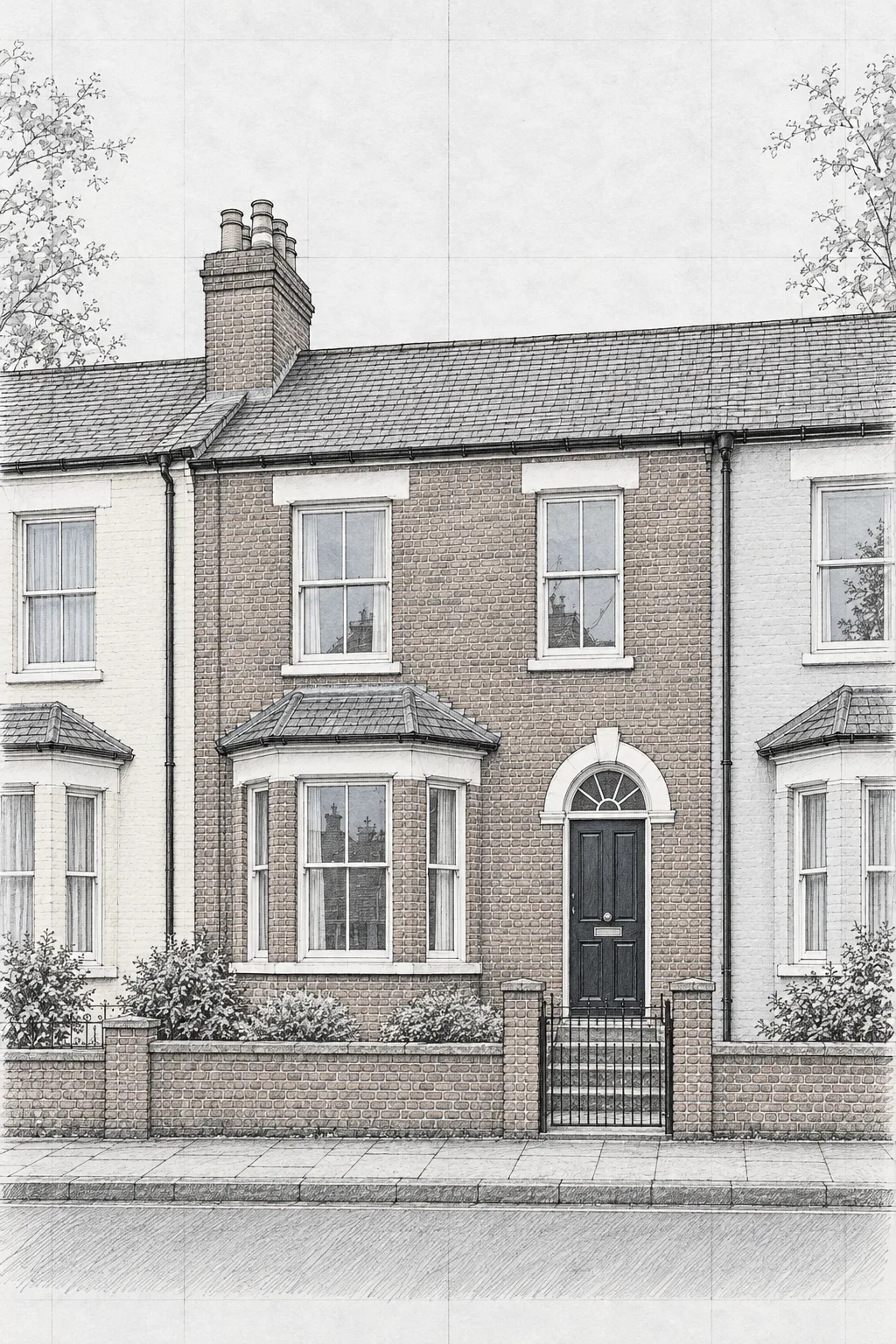 The Terrace, a test house, painted as Ink Elevation: Technical pen on drafting film, hatching, ruled ground line