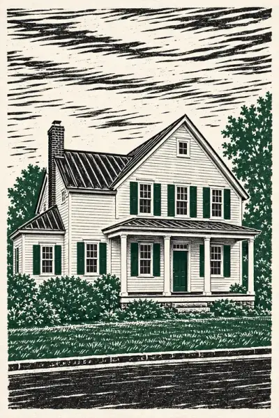 The Farmhouse painted as Two-Colour Linocut