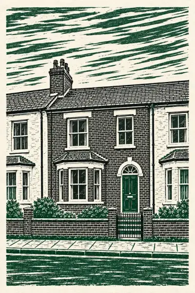 The Terrace painted as Two-Colour Linocut