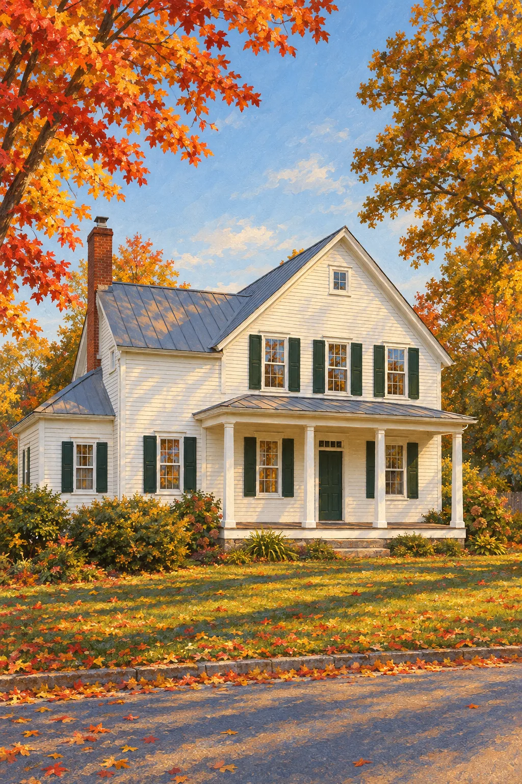 The Farmhouse, a test house, painted as October Lane: Gouache, maples turning, low gold sun