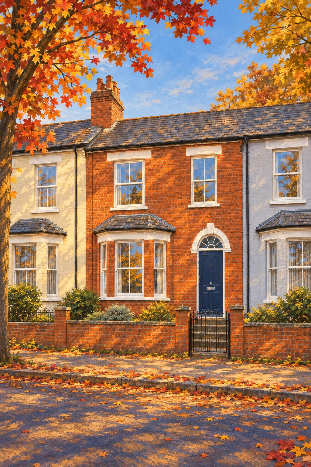The Terrace, a test house, painted as October Lane: Gouache, maples turning, low gold sun
