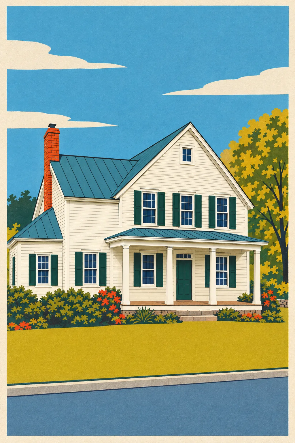 The Farmhouse, a test house, painted as Screenprint 1962: Serigraph, flat colour fields, slight misregistration