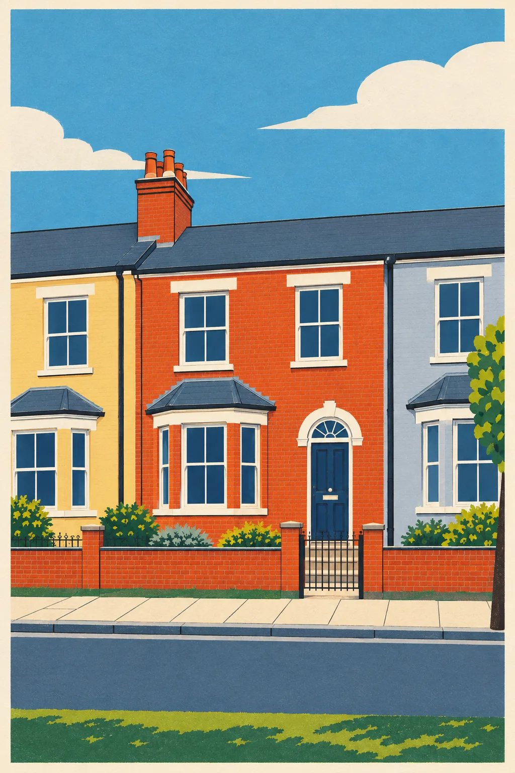 The Terrace, a test house, painted as Screenprint 1962: Serigraph, flat colour fields, slight misregistration